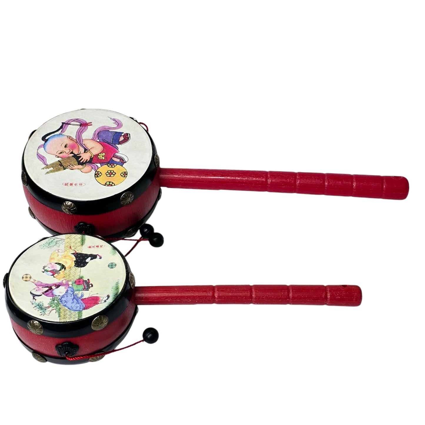 Set of 2 Chinese Rattle Drums, "Bo Lang Gu", Good-Luck, Good Fortune Celebration Toy