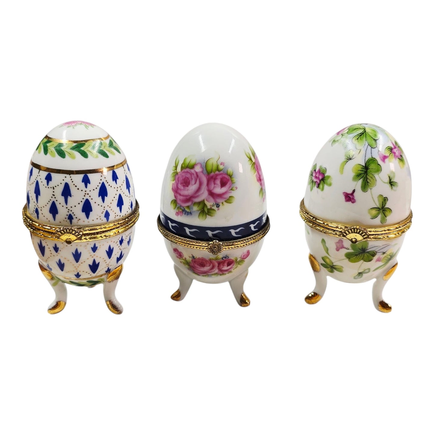 Set of 3 Vintage Porcelain Footed Egg Trinket Boxes Hinged Floral Tripod Base