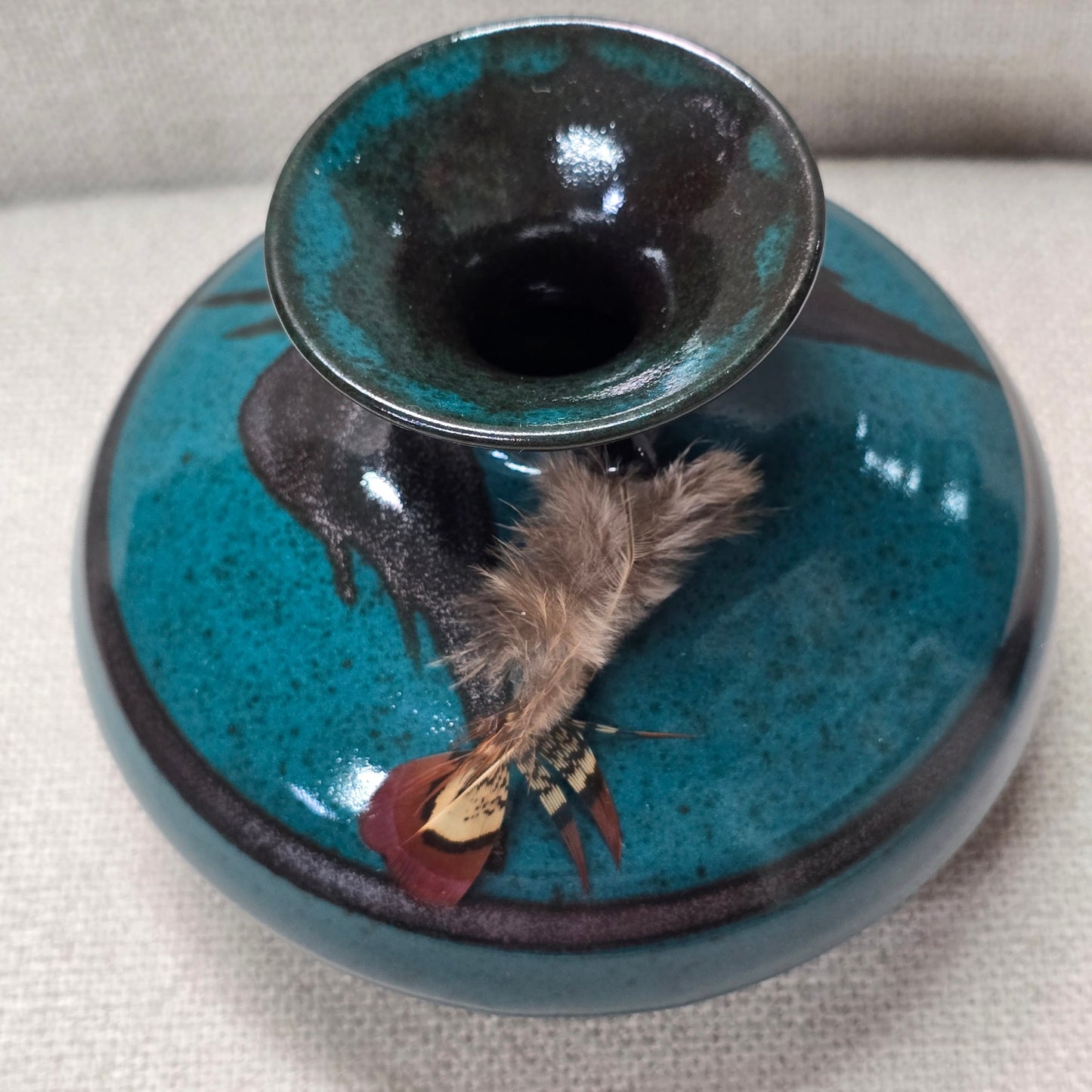 Art Pottery Signed RB Roger Butler, Feather, River Pottery, Blue Ceramic