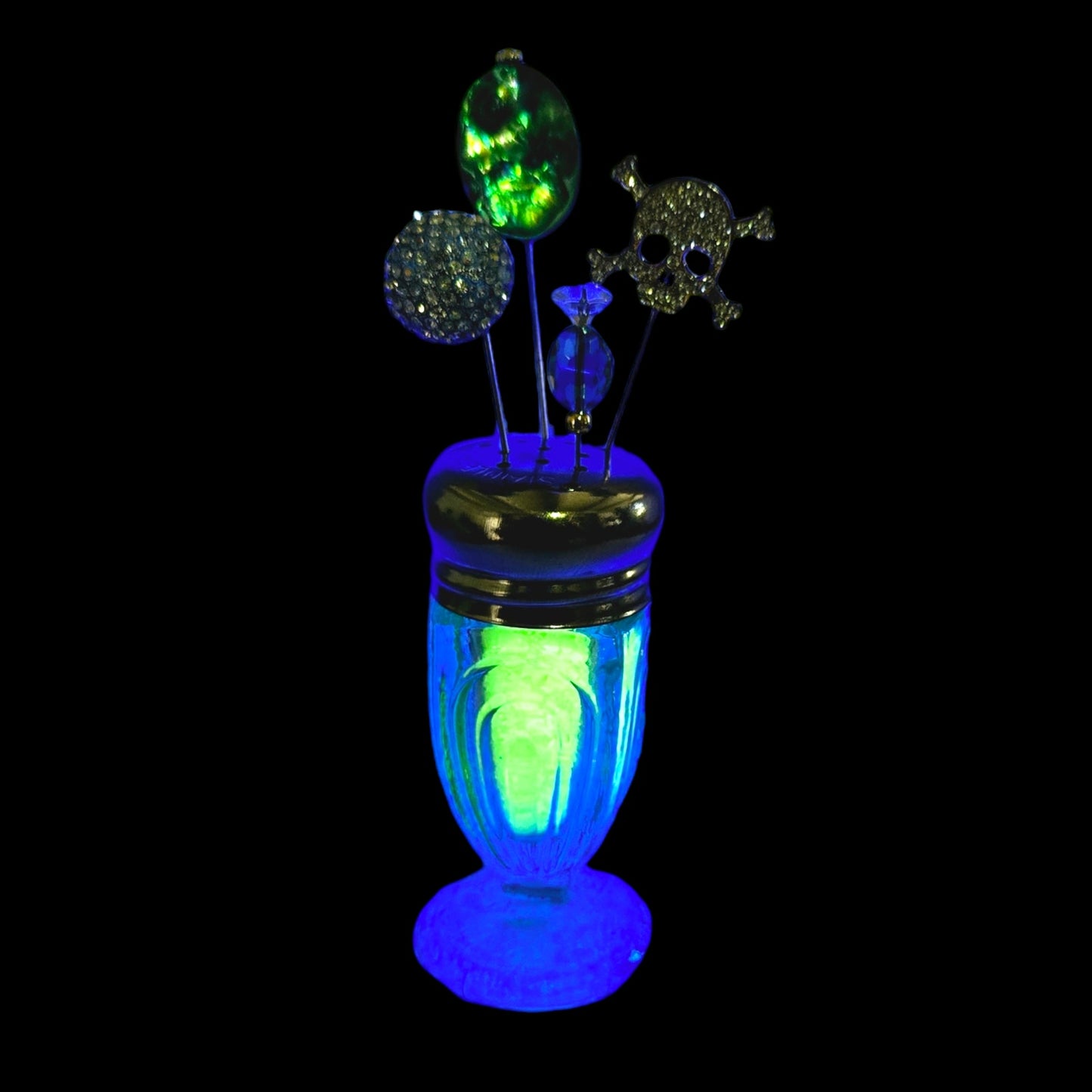 Green Uranium Glass Salt Shaker Stick Pin Display, 4 Pins, Skull, Glowy, Sparkles, 5.5" H with Pins