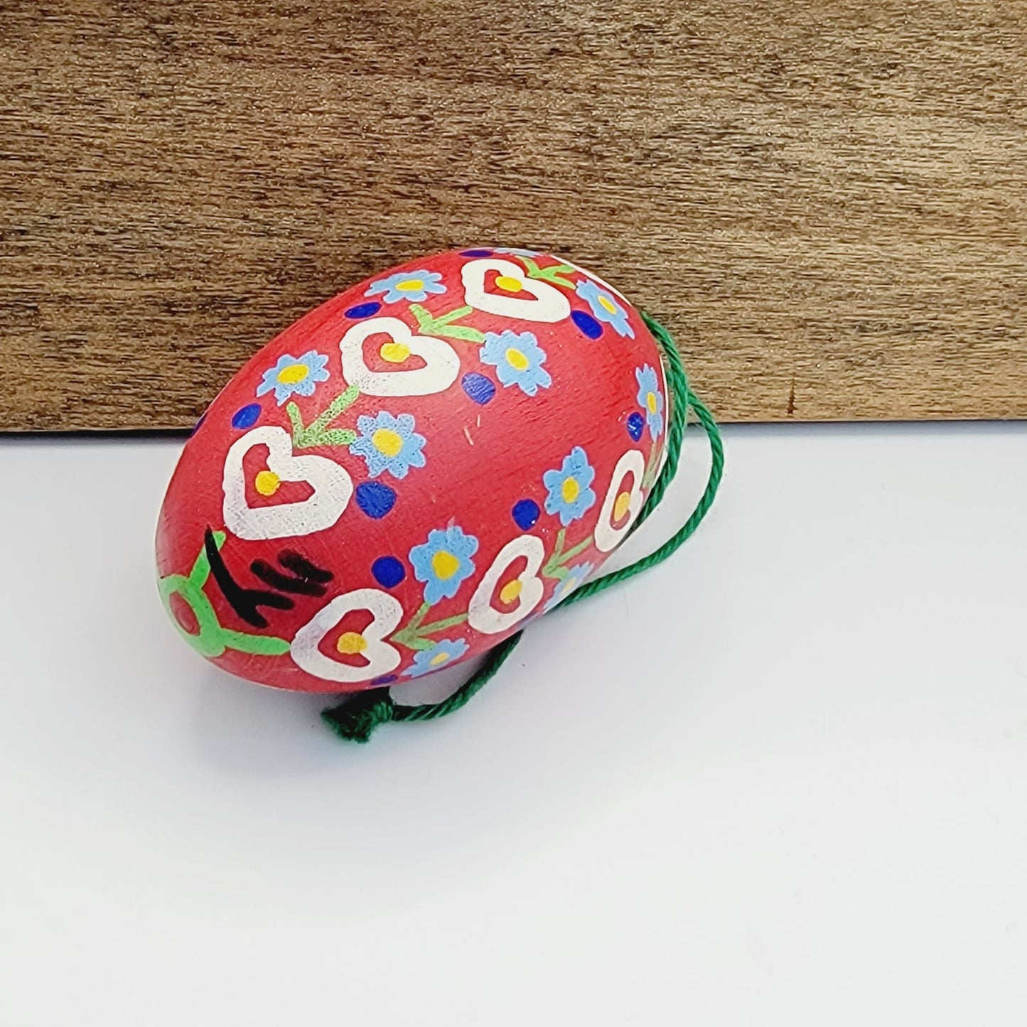 Vintage Wooden Hand Painted Easter Egg Ornament Flowers and Hearts Design Red