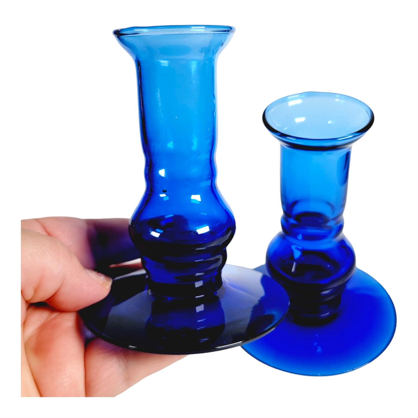 Pair of 2 Vintage Cobalt Blue Glass Candlestick Holders