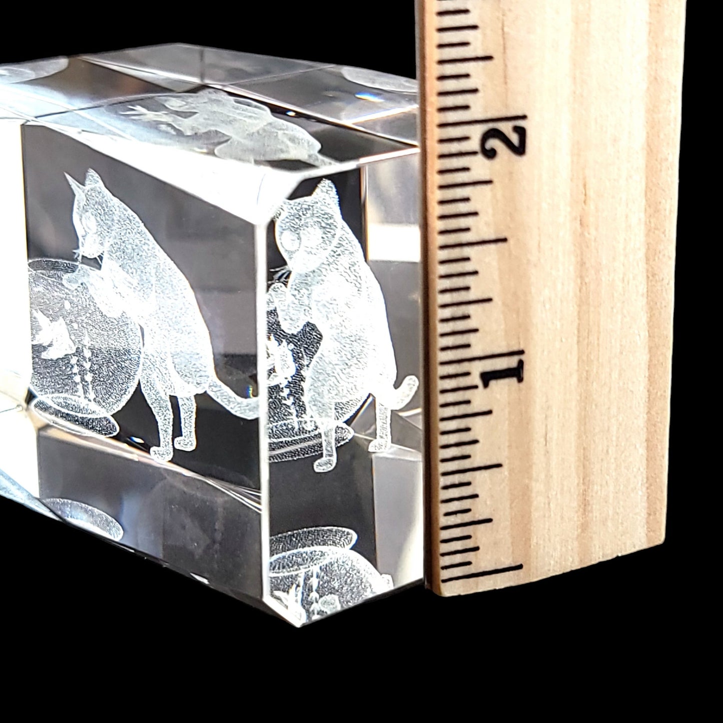 Cat Peering into Gold Fish Bowl 3D Laser Etched Crystal Paperweight in Box 3 x 2 x 2" Original Box