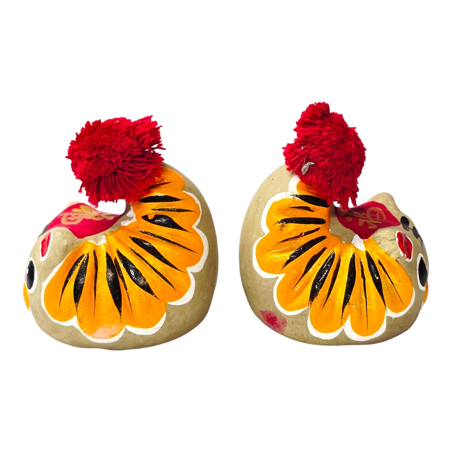 Vintage Chinese Folk Art Clay Tigers Pair Shrimp Body Style Good Luck Fu Wan