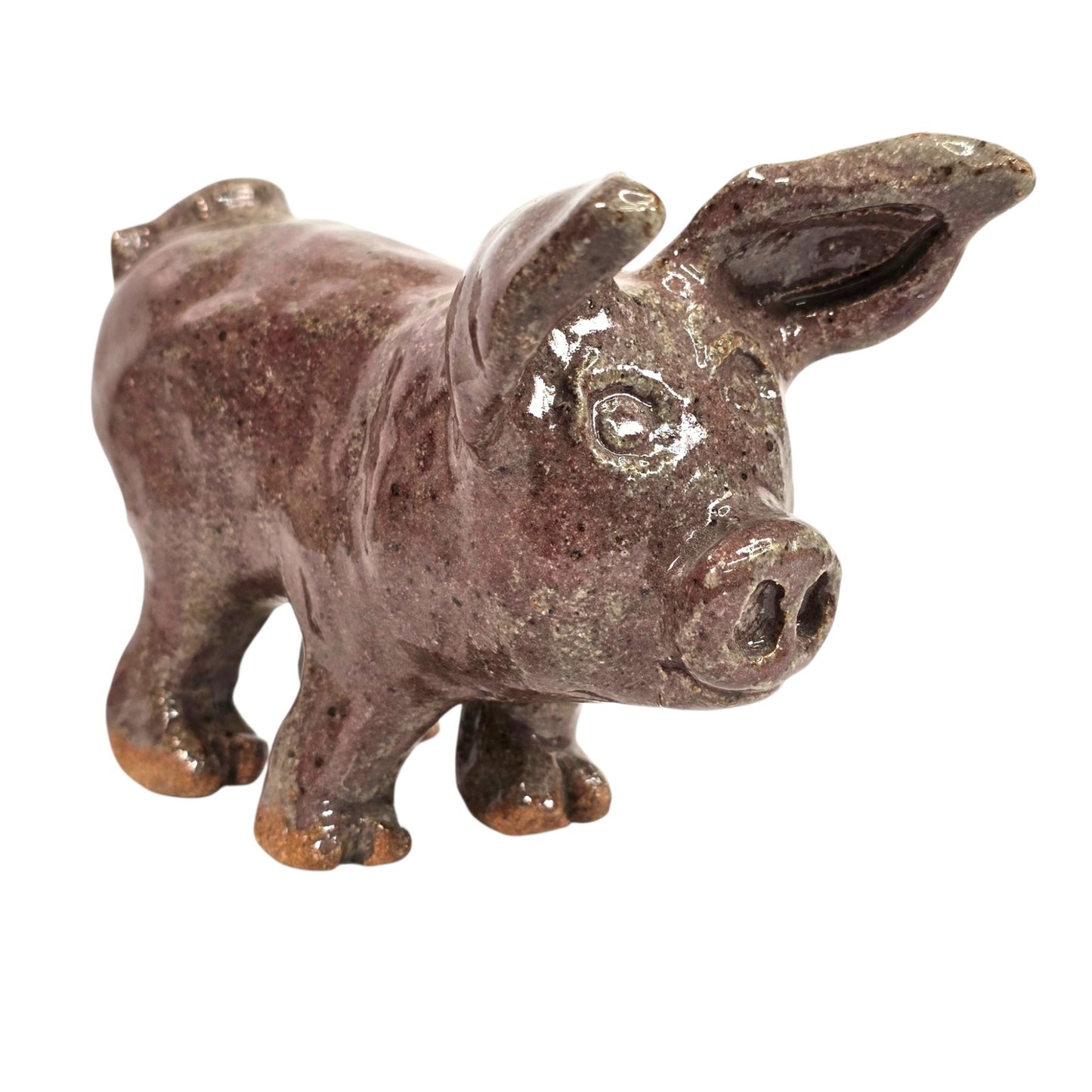 Vintage Studio Art Pottery Pig Figurine Signed BA Primitive Brown Glazed Clay