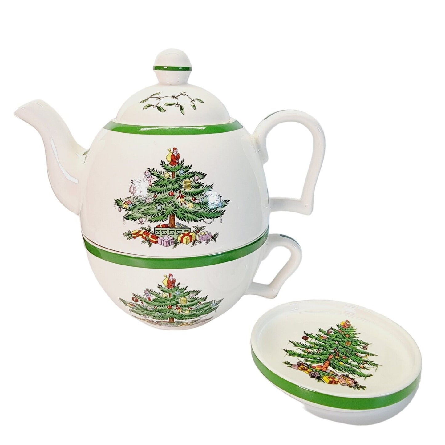 Spode Christmas Cheer Tea For One, Teapot, Cup & Coaster, 4 Pc Set, Spode Tree