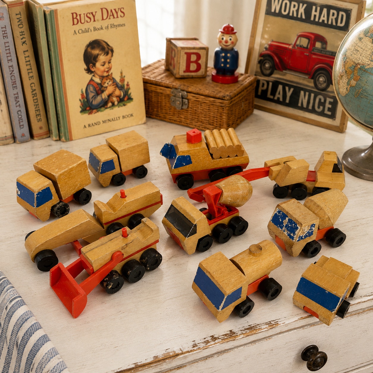 Vintage Mattel Wooden Construction Vehicles Lot Toy Fleet 1971-1973 Japan Korea