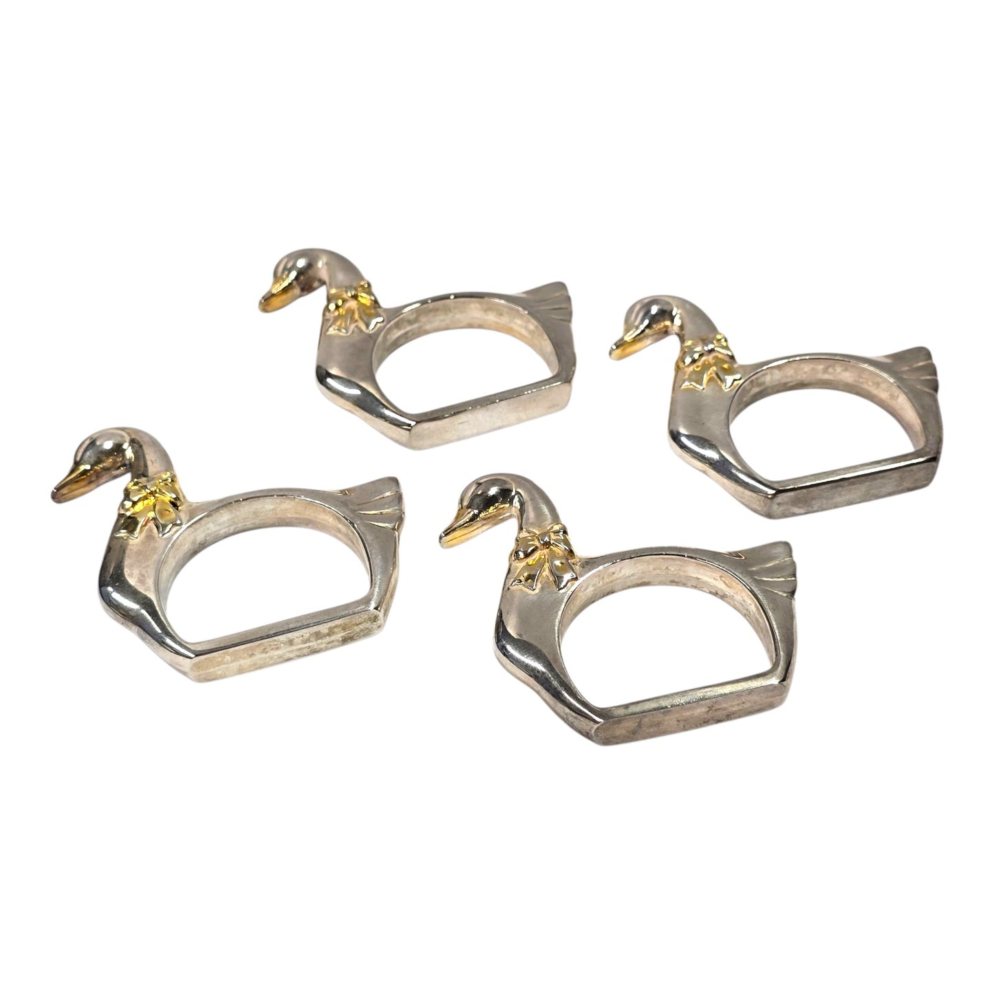 Vintage Swan Napkin Rings Set of 4 Silver Tone with Gold Accent Duck Table Decor
