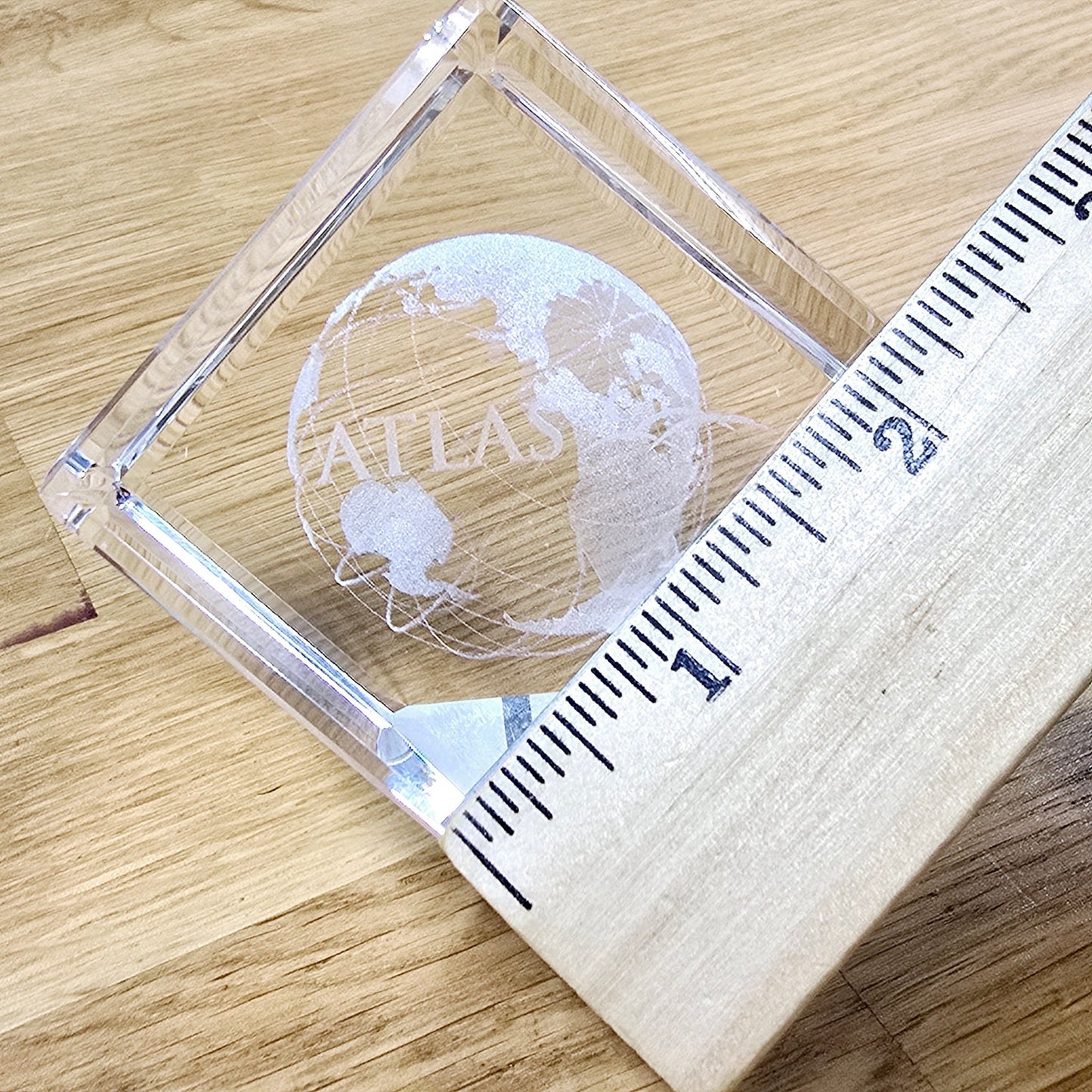 3D Laser Etched Globe Crystal Glass Cube Paperweight, Marked "Atlas"