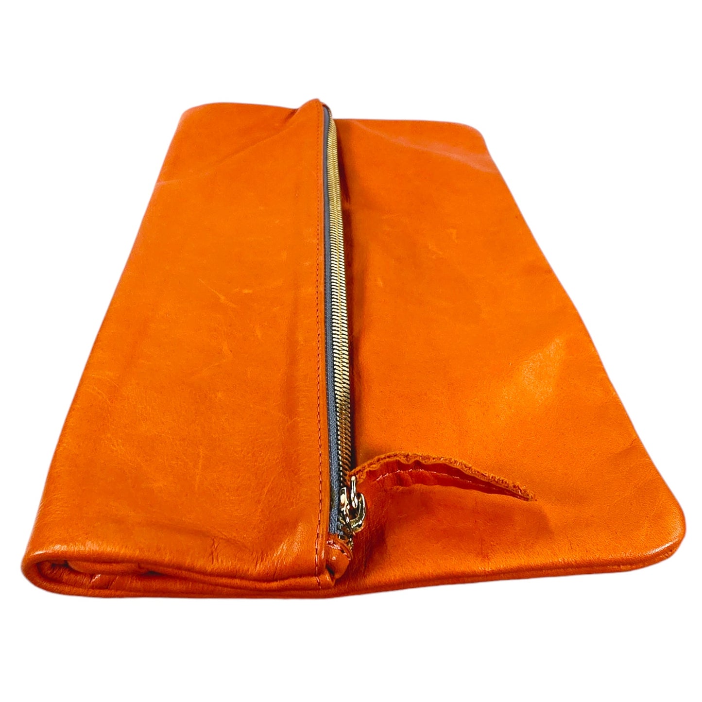 Clare Vivier Vintage Orange Leather Foldover Clutch, Zip Top  Clutch, Folded Measurements: 7" H