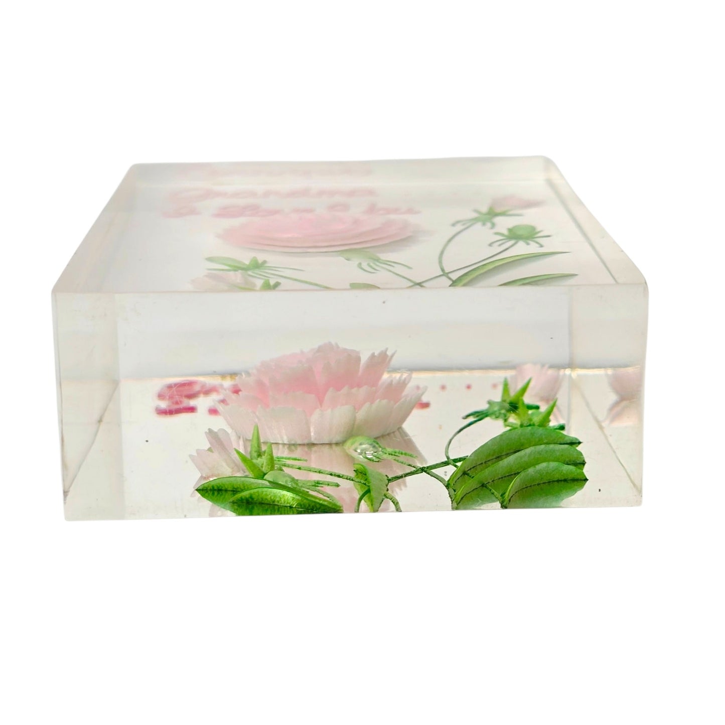 Vintage Lucite Paperweight Pink Carnation Grandma I Love You Flower Acrylic Art nbran