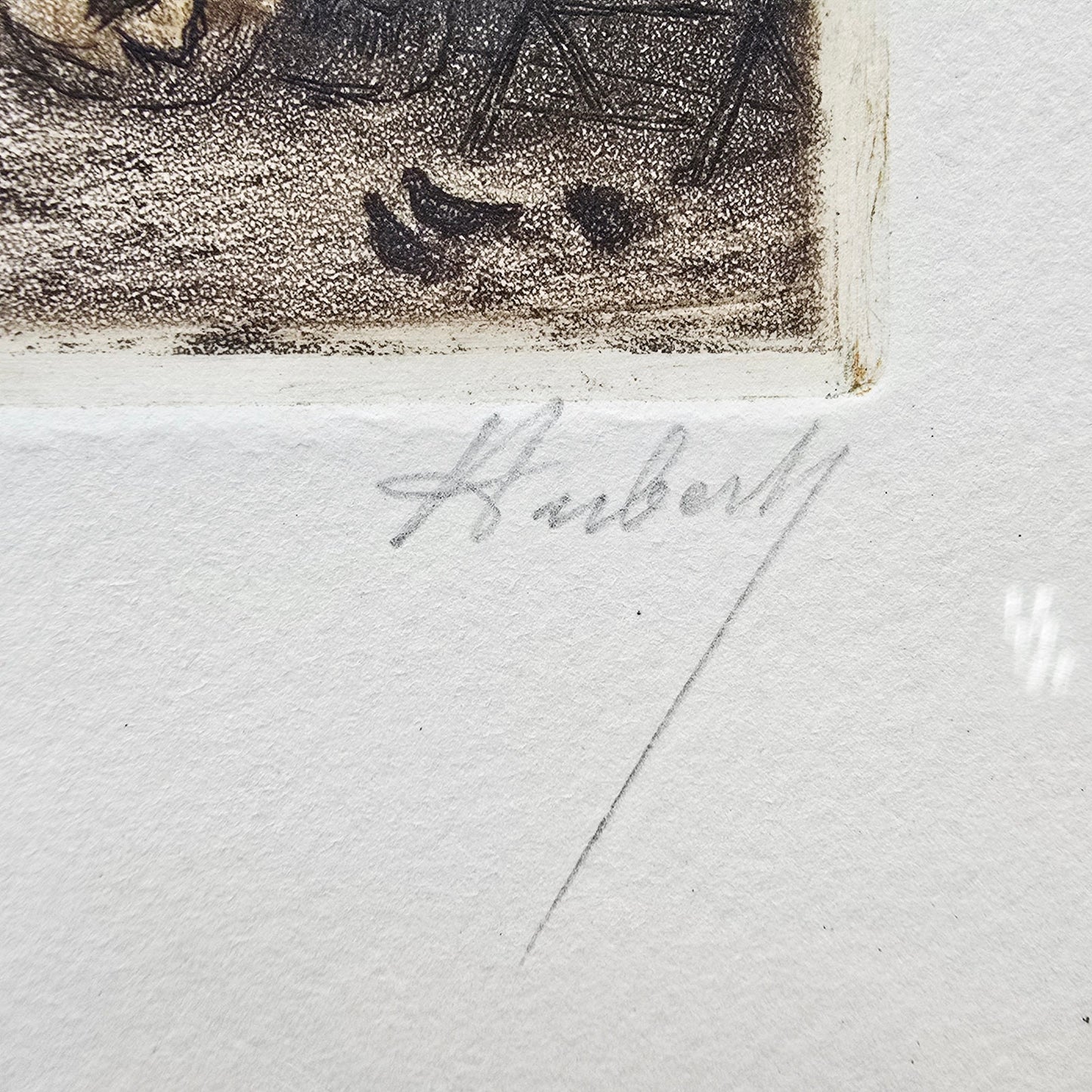 Signed Huberly Paris Scene HandColored Etching Marchands de gravures Notre Dame