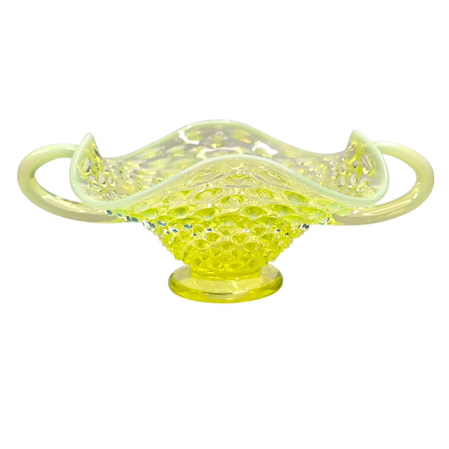 Fenton Vaseline Opalescent Hobnail Bonbon Dish Uranium Glass Double Handle Glows