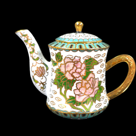 Vintage White Enamel Cloisonne Miniature Teapot with Lid, Pink Rose Floral with Turquoise Enamel, 2.5" H