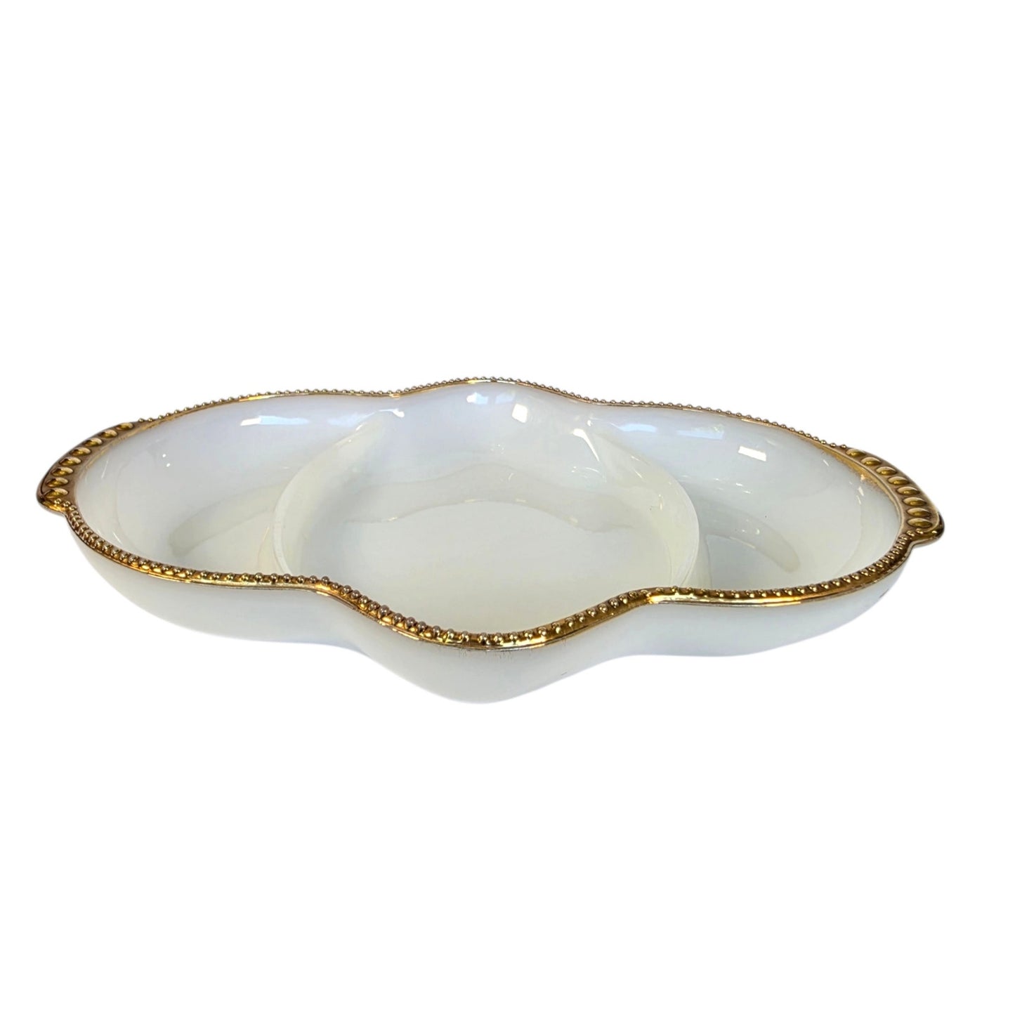 Vtg Fire-King Milk Glass Divided Relish Dish 22K Gold Trim Vanity Recency MCM