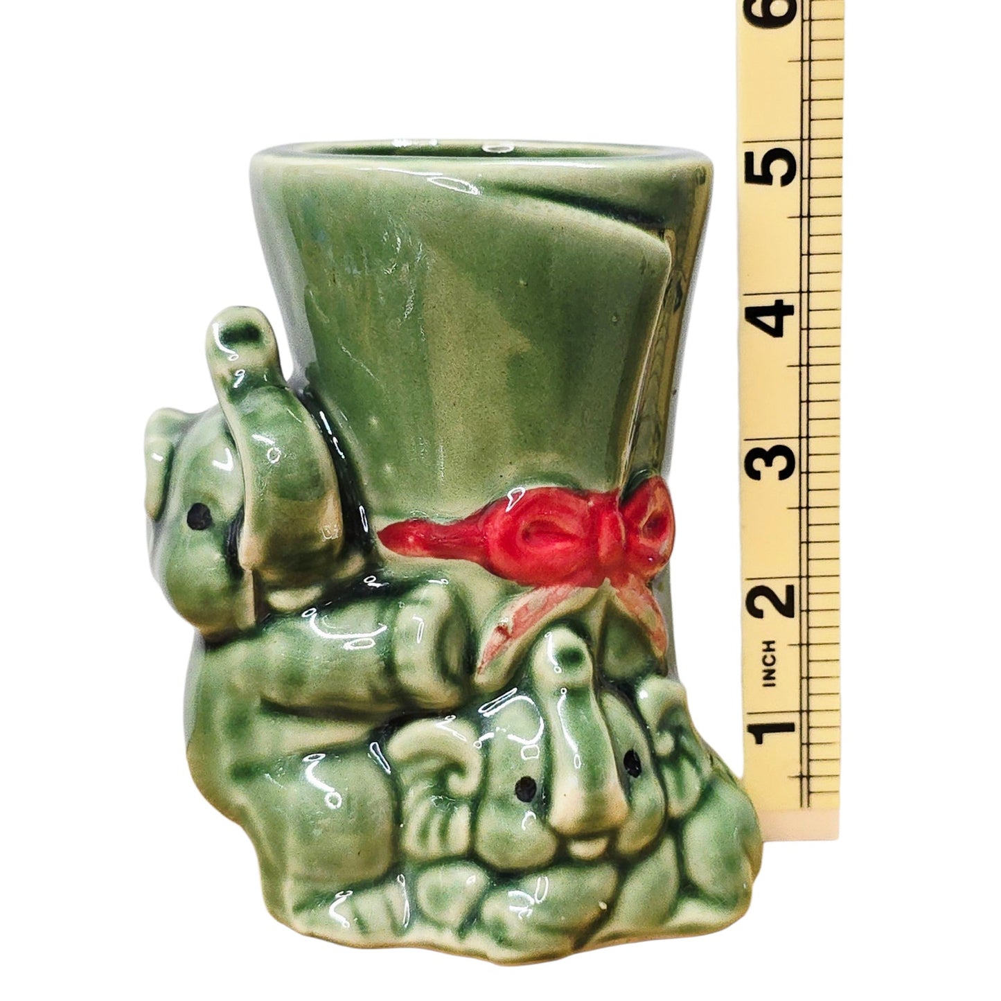 Vintage Green Elephant Ceramic Planter Rolled Scroll Design with Red Bow 5"