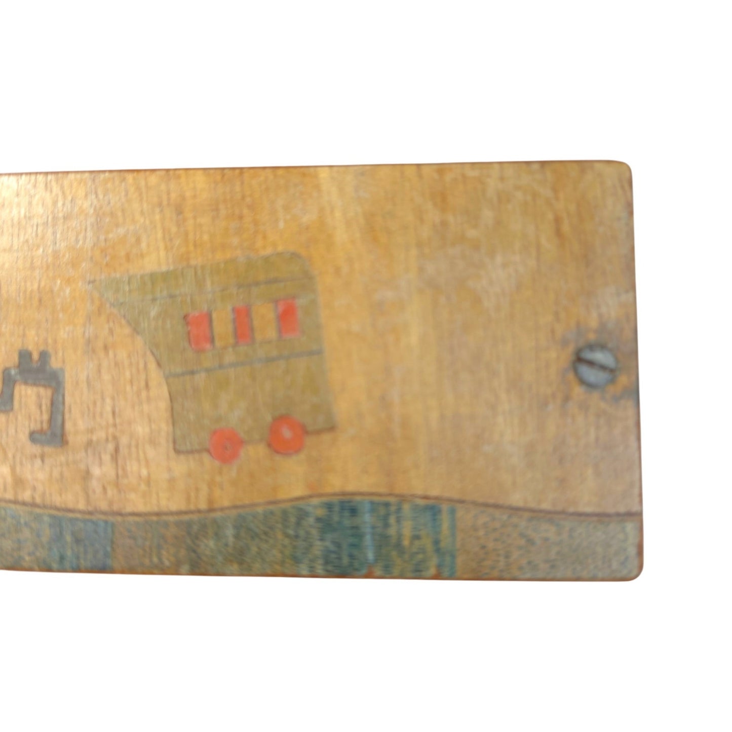Vintage Wooden Sliding Lid Pencil Box - Hand-Painted Train Motif Mid Century 9"
