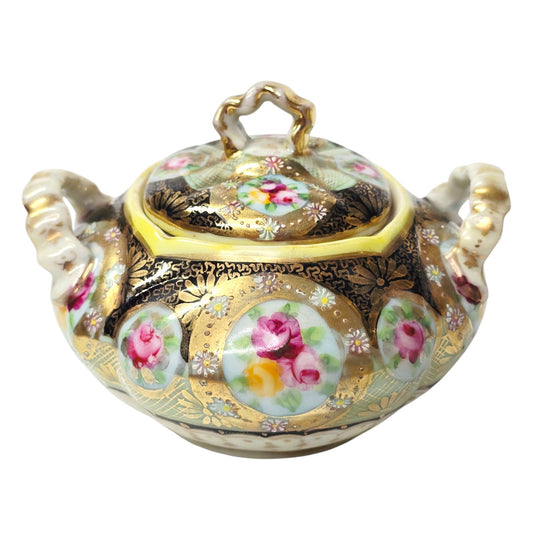 Vintage Royal Kinran Nippon Hand Painted Porcelain Lidded Sugar Bowl Moriage