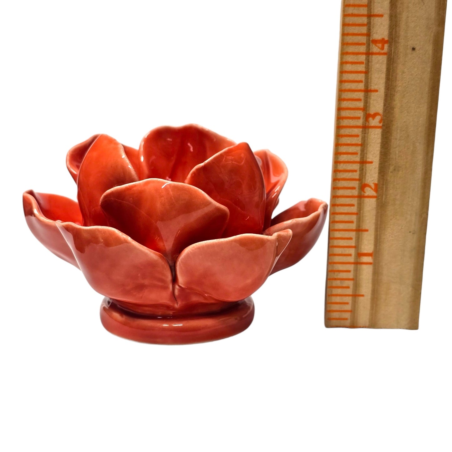 Vintage Poppy Orange Glazed Pottery Lotus Flower Candle Holder Tea Light Artisan