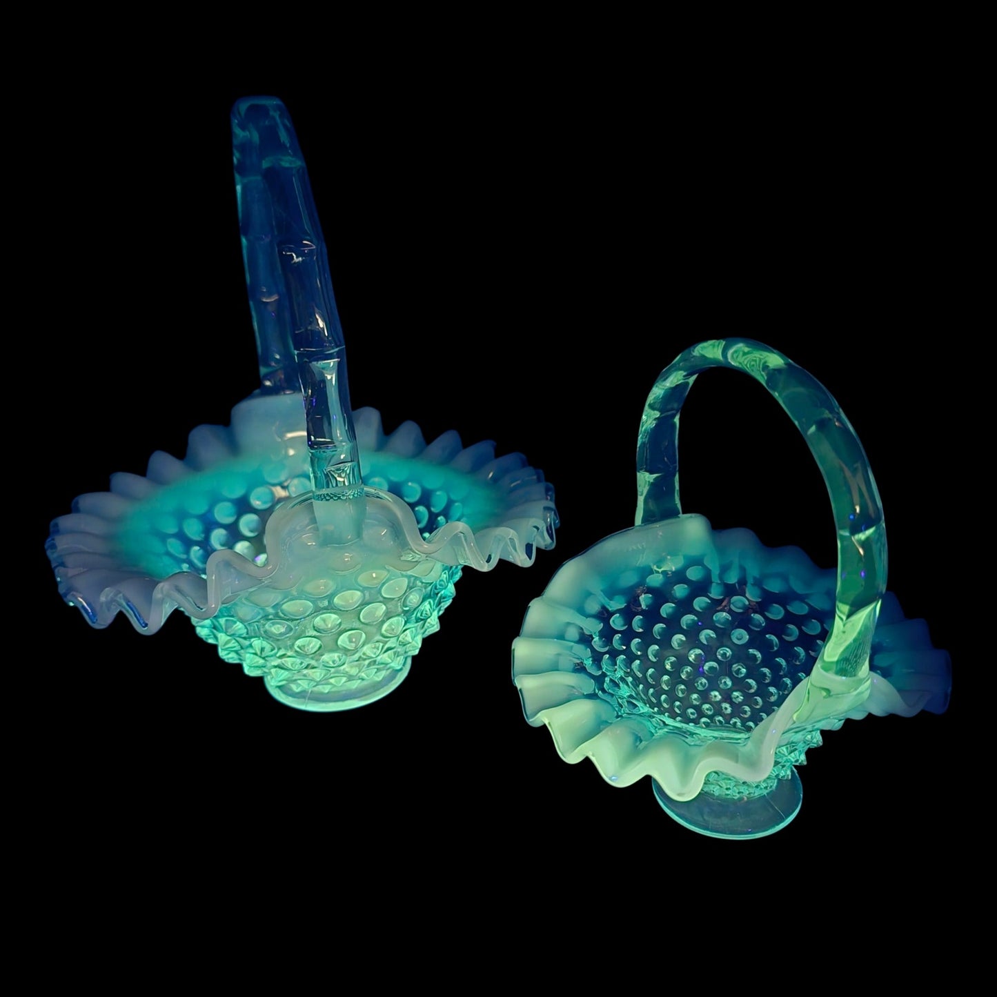 Fenton Blue Opalescent Hobnail Basket Set Uranium Reactive Ruffled Glass Pair