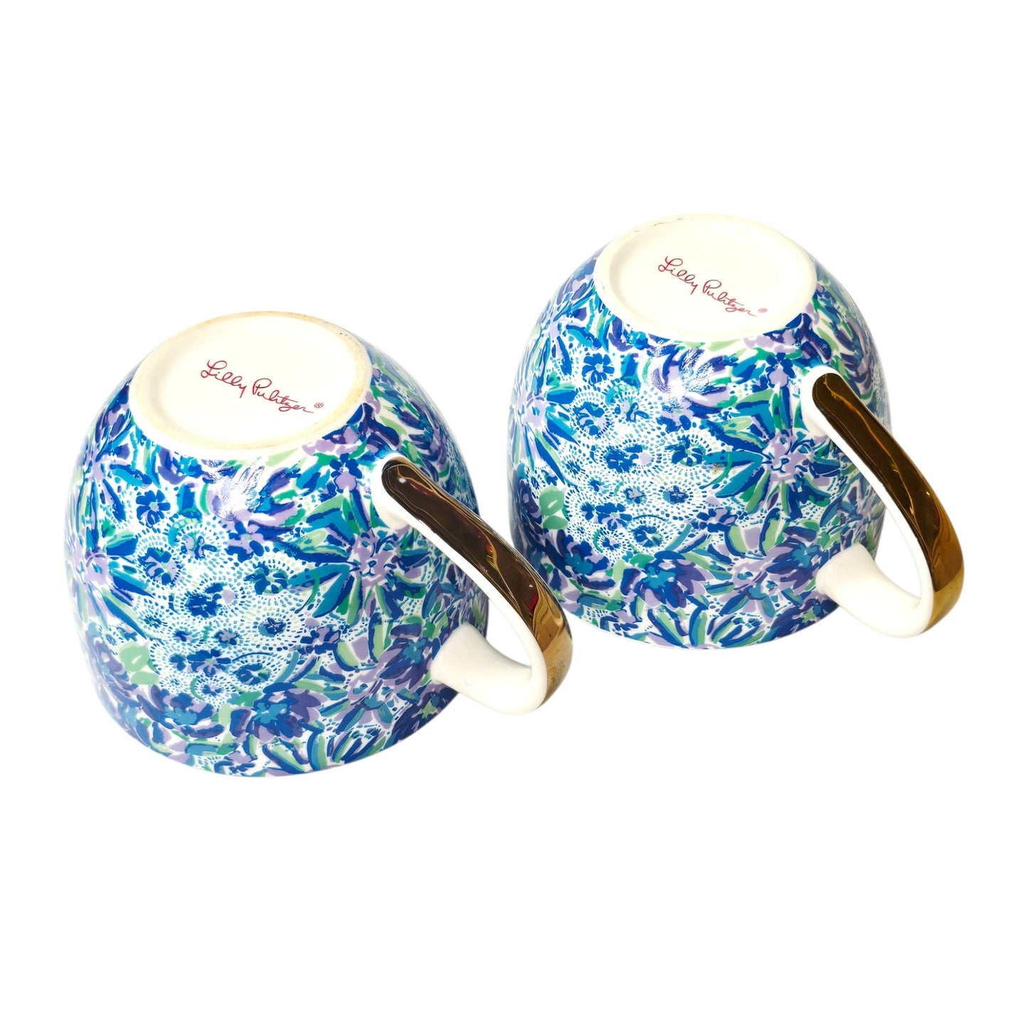 Lilly Pulitzer Coffee Mugs Set Blue Floral Gold Handle XX Lilly Hidden Animal