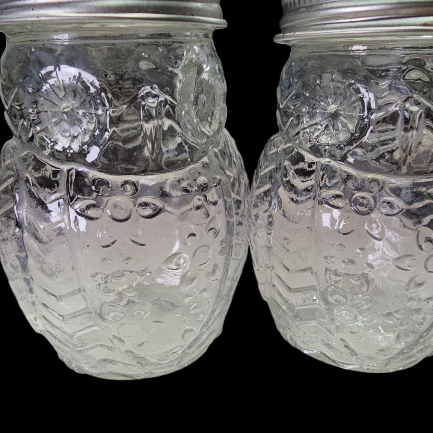 Set of 2 Glass Owl Shakers with Silver Tone Metal Lids, Embossed Floral Pattern