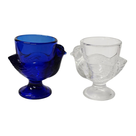 Vintage French Glass Chicken Egg Cups Set of 2 Cobalt Blue & Clear Marked France