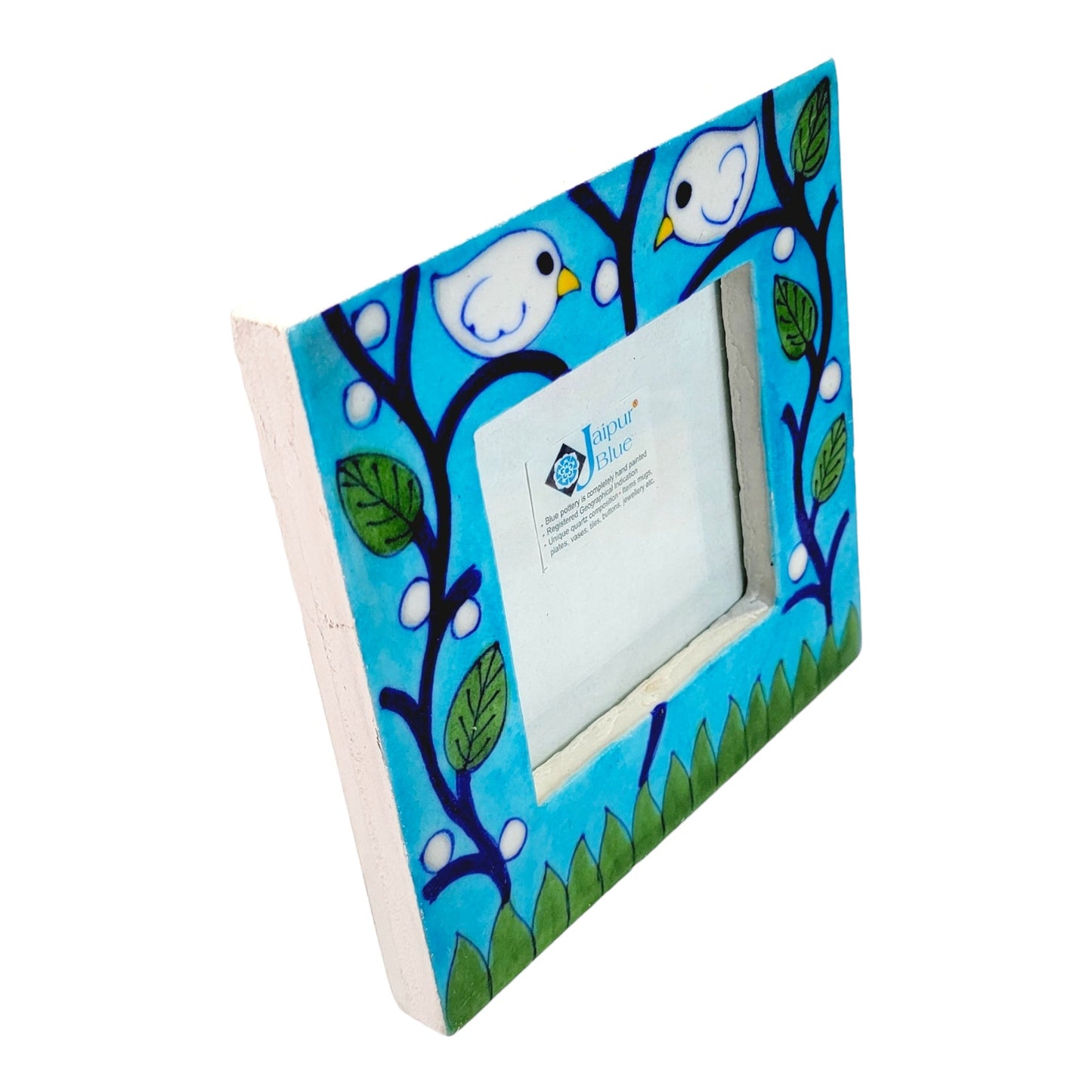 Handpainted Jaipur Blue Pottery Photo Frame, White Birds on Branch