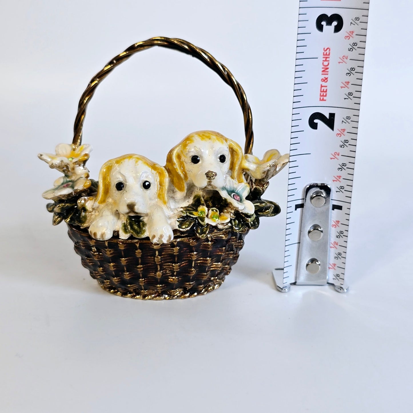 Puppies in a Basket with Flowers Metal Trinket Box