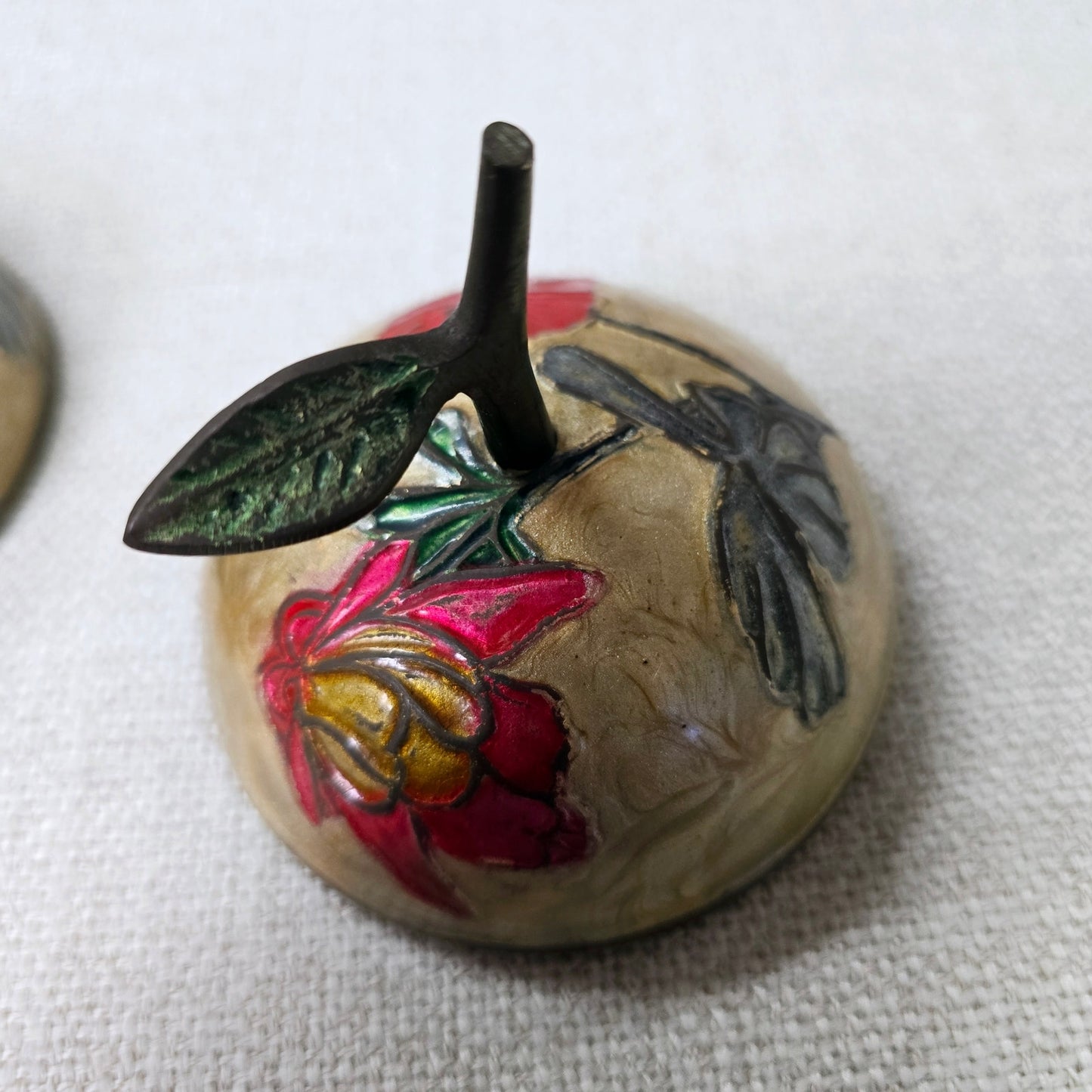 Beautiful Vintage Cloisonne Enamel and Brass Apple Trinket Box with Lid