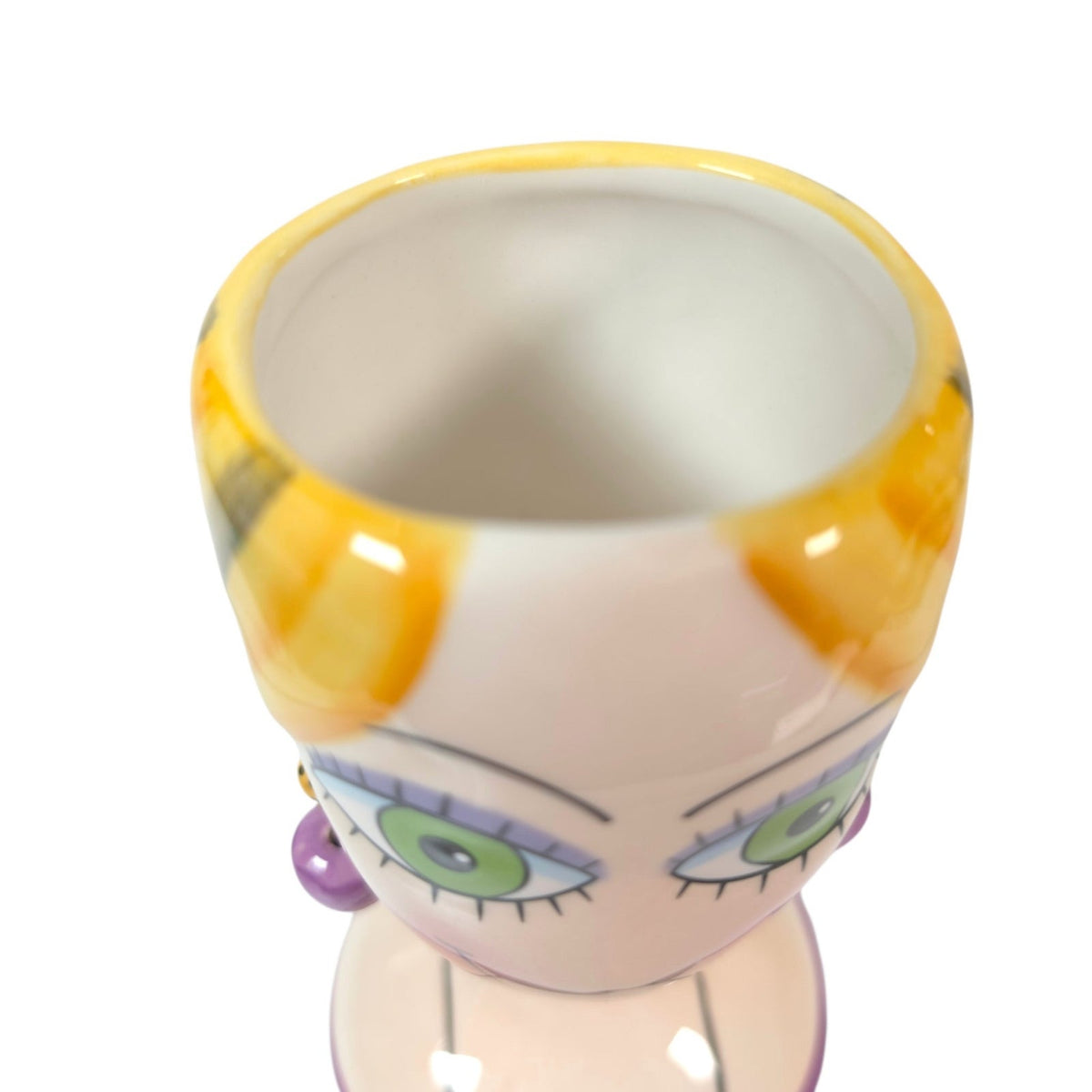 BABS Whimsical Ceramic Lady Head Vase Blonde Green Eyes Purple Earrings