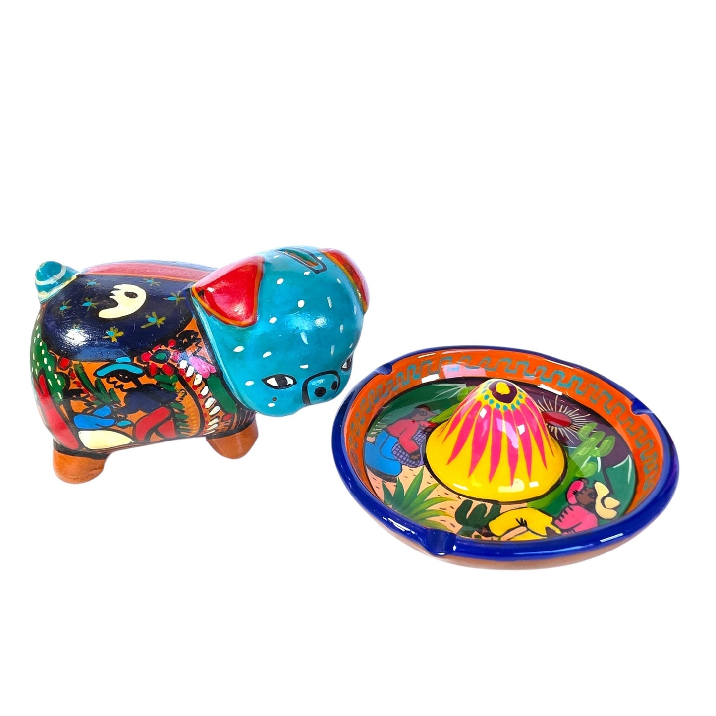 Vtg Mexican Folk Art Piggy Bank & Sombrero Ashtray / Trinket Dish Tonala Pottery