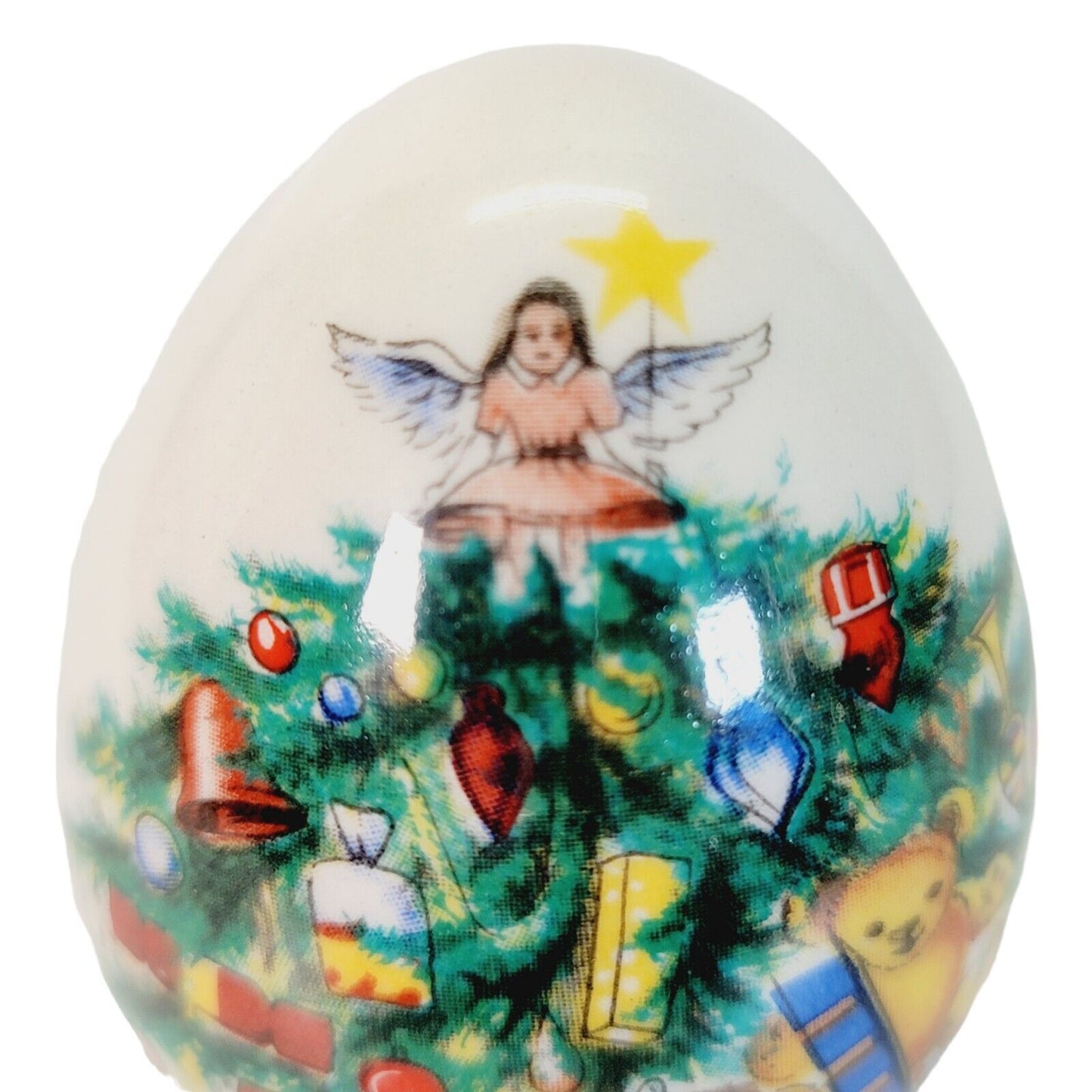 Ceramic Egg Figurine Christmas Tree with Angel , Train, Bear, Presents 2.5" H