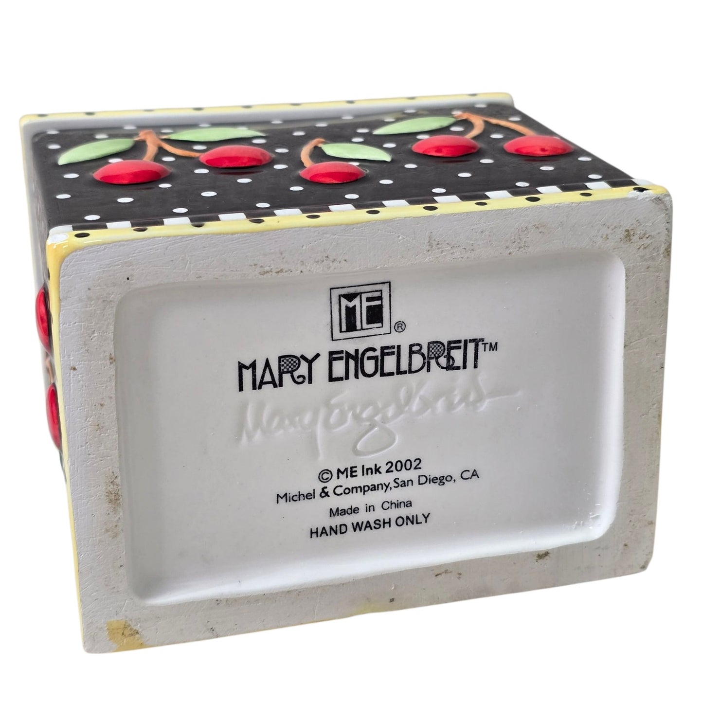 Vintage 2002 Rare Mary Engelbreit Small Cherries Ceramic Candy Box With Nob Top