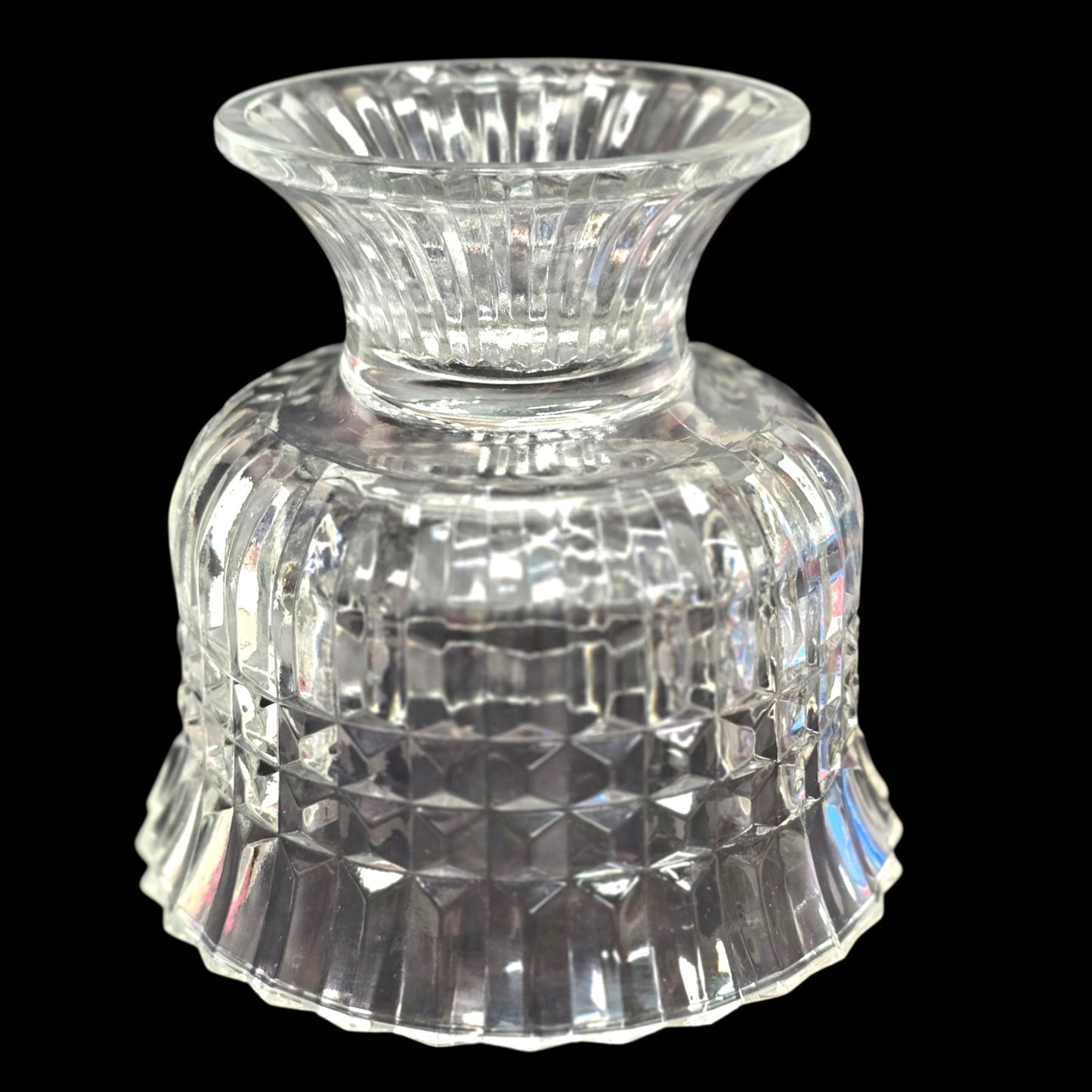 Vintage 1986 Pressed Glass Pedestal Bowl FTDA Diamond Cut & Ribbed Candy Dish