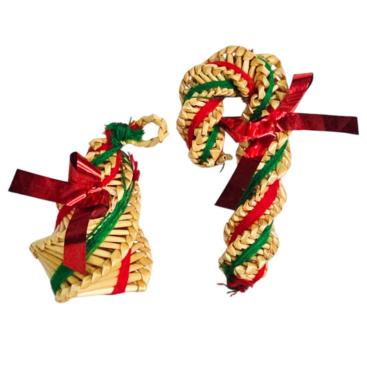 Vtg Folk Art Mexican Siral Woven Christmas Ornaments Set of 2 Tree & Candy Cane