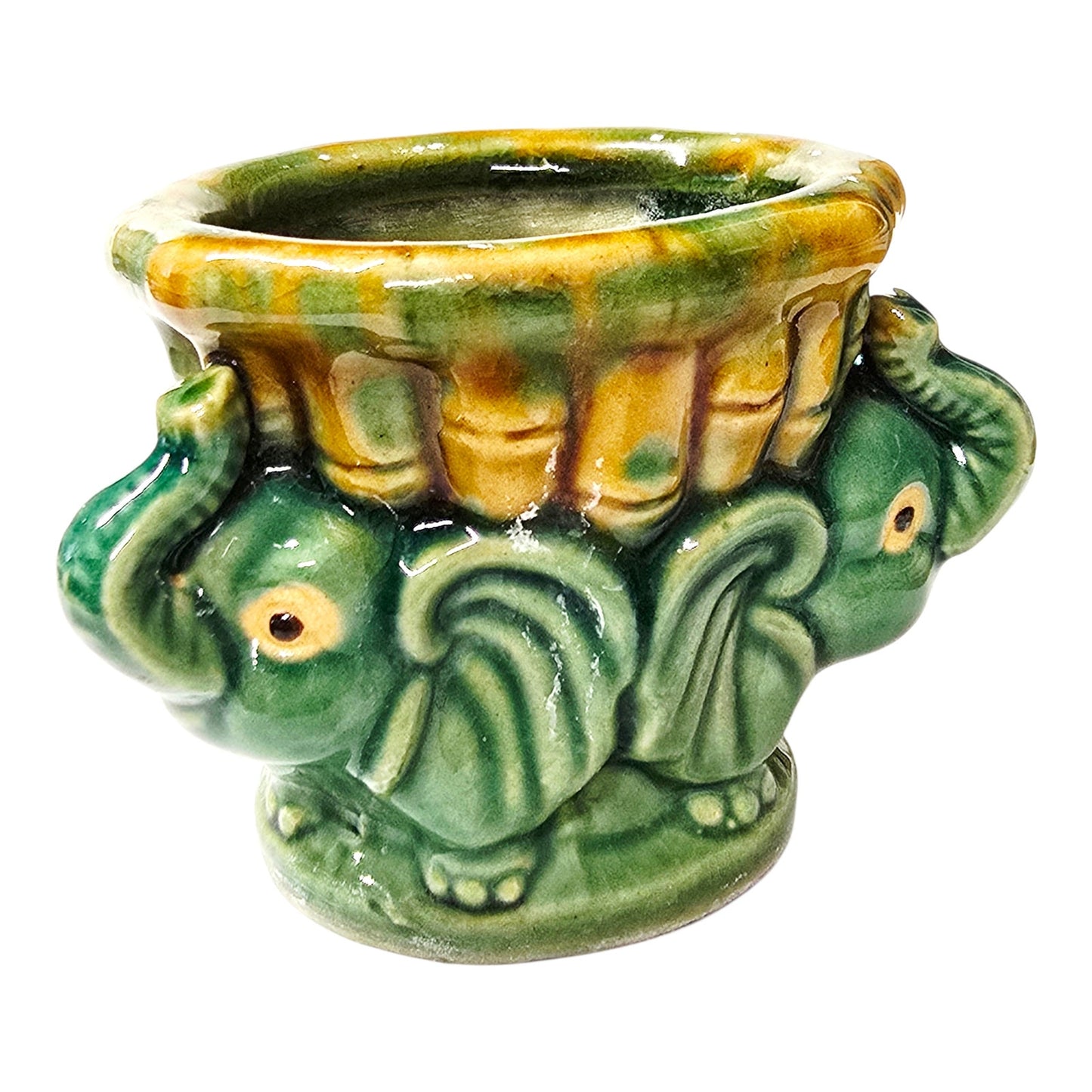 Vintage Majolica Style Elephant Planter Green Drip Glaze Ceramic Lucky Elephants