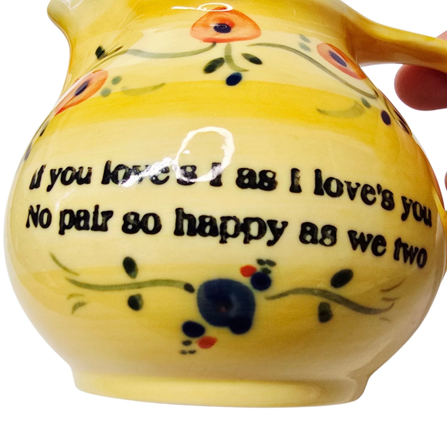 Vintage Yellow Pottery Pitcher Motto Ware Stenciled Quote Floral Small Creamer