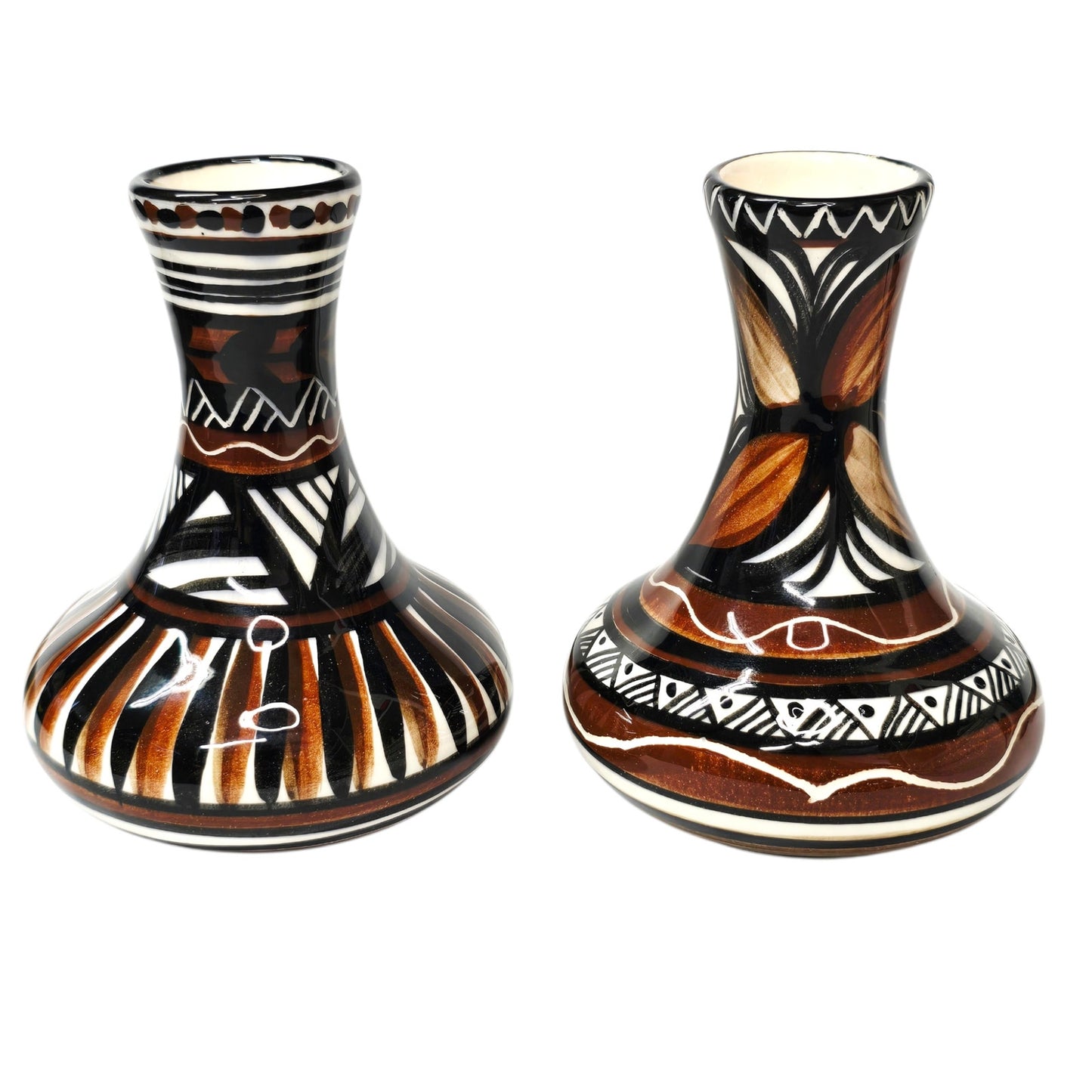 Pohaku Style Hawaiian Pottery Bud Vases Pair Hand Painted Tiki Polynesian