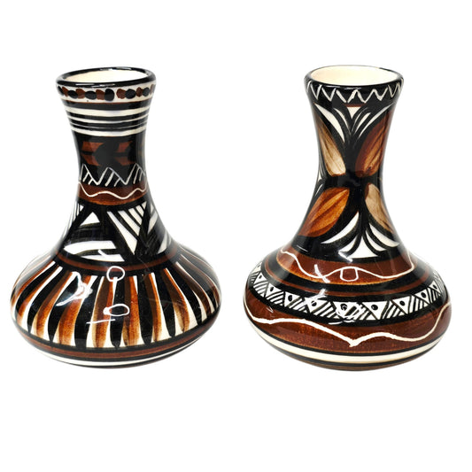 Pohaku Style Hawaiian Pottery Bud Vases Pair Hand Painted Tiki Polynesian