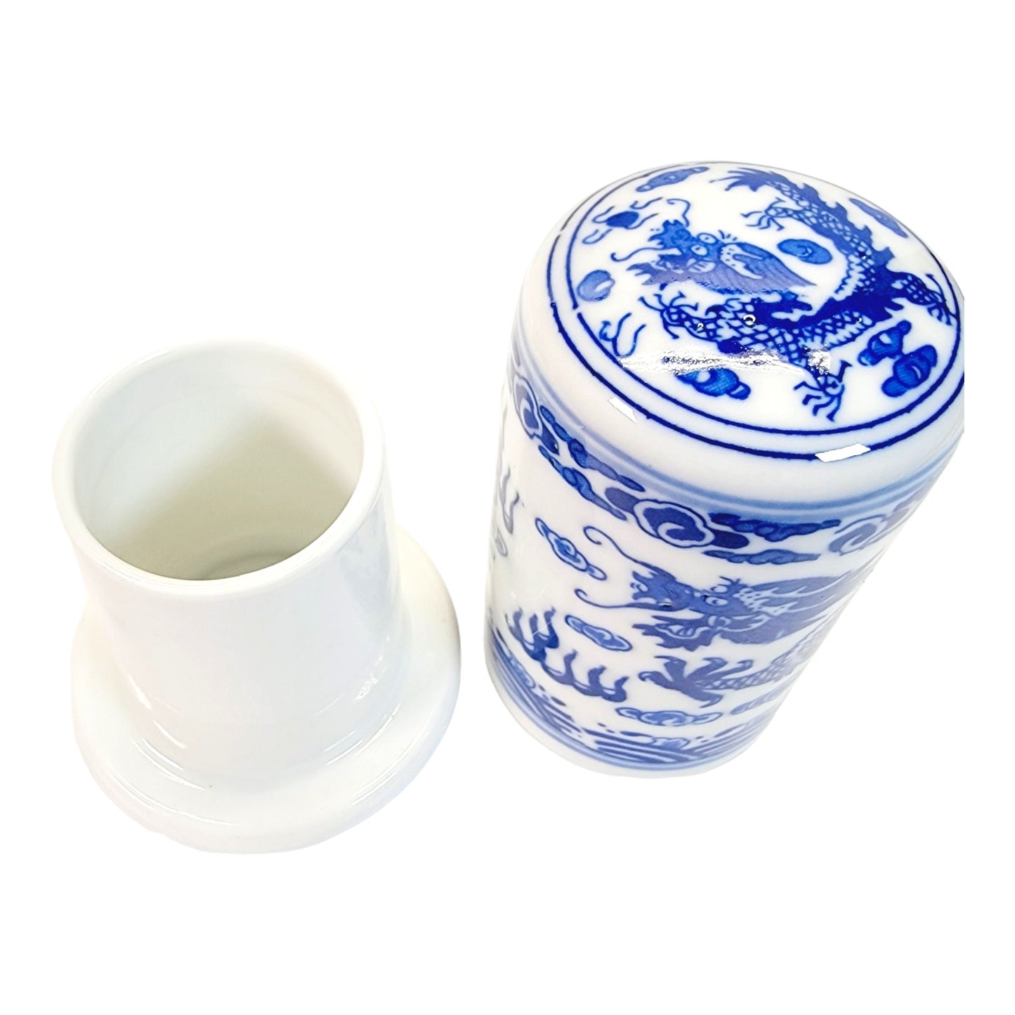 Unique Covered Toothpick Holder with Lid, Blue and White Dragon