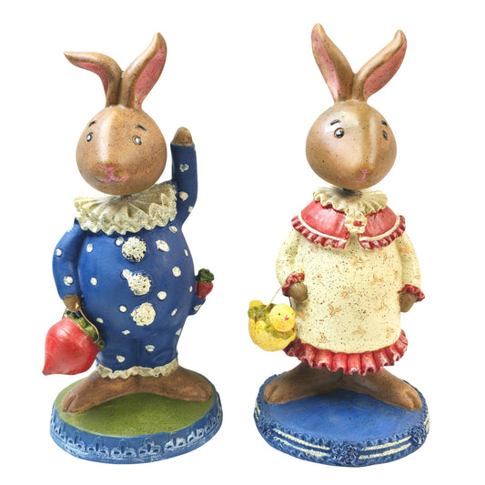 Set of 2 Vintage Bunny Rabbit Bubble Heads, Resin Sweet Dressed up Boy and Girl Bunnies with Baskets, Bobble Head