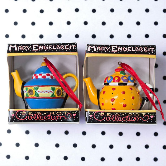 Set of 2 ME Mary Englebreit Mini Teapot Ornaments New in Box Blue Sunflowers Yellow Hearts