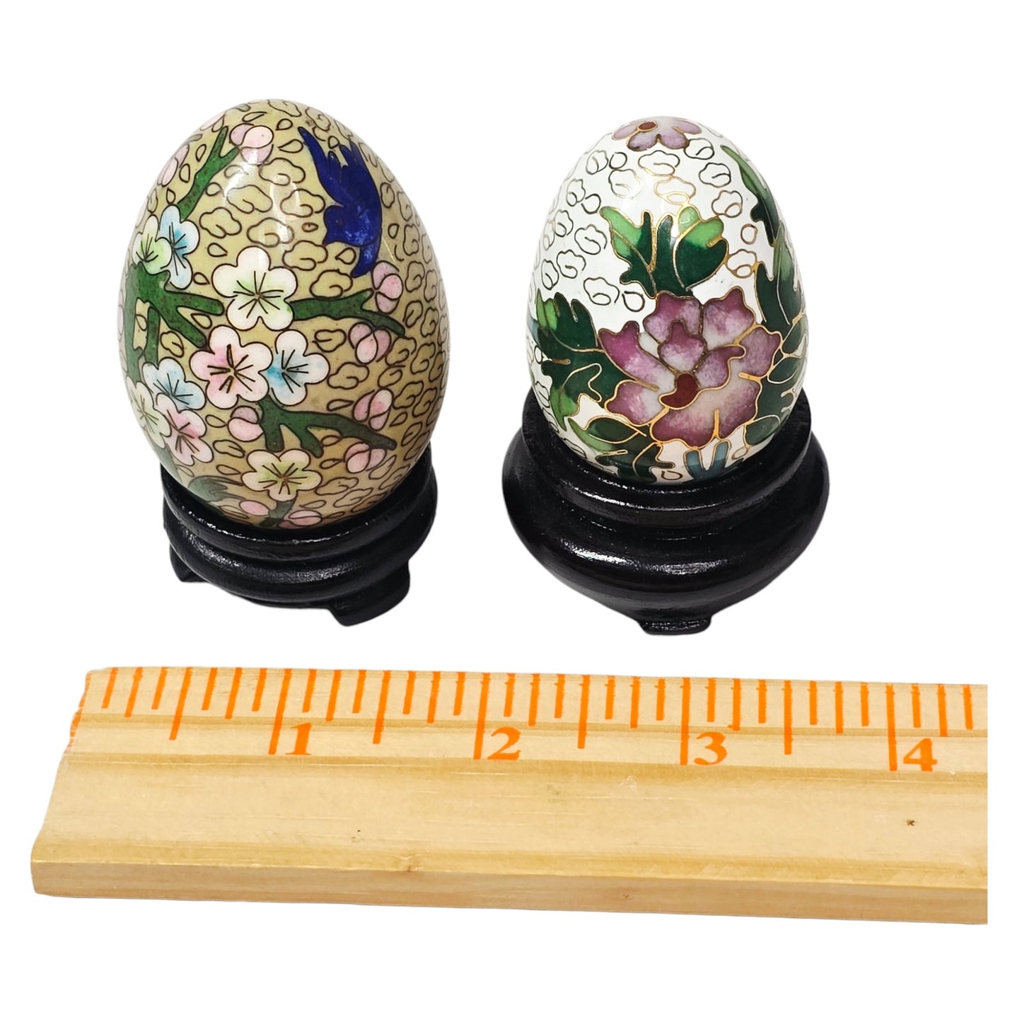 Vtg Chinese Cloisonné Enamel on Brass Eggs on Wooden Stands Set of 2 Floral Bird