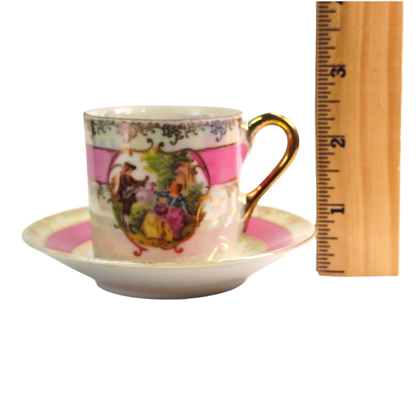Vtg Lefton China Tea Cup & Saucer Pink Band Gold Trim Courting Couple 1798