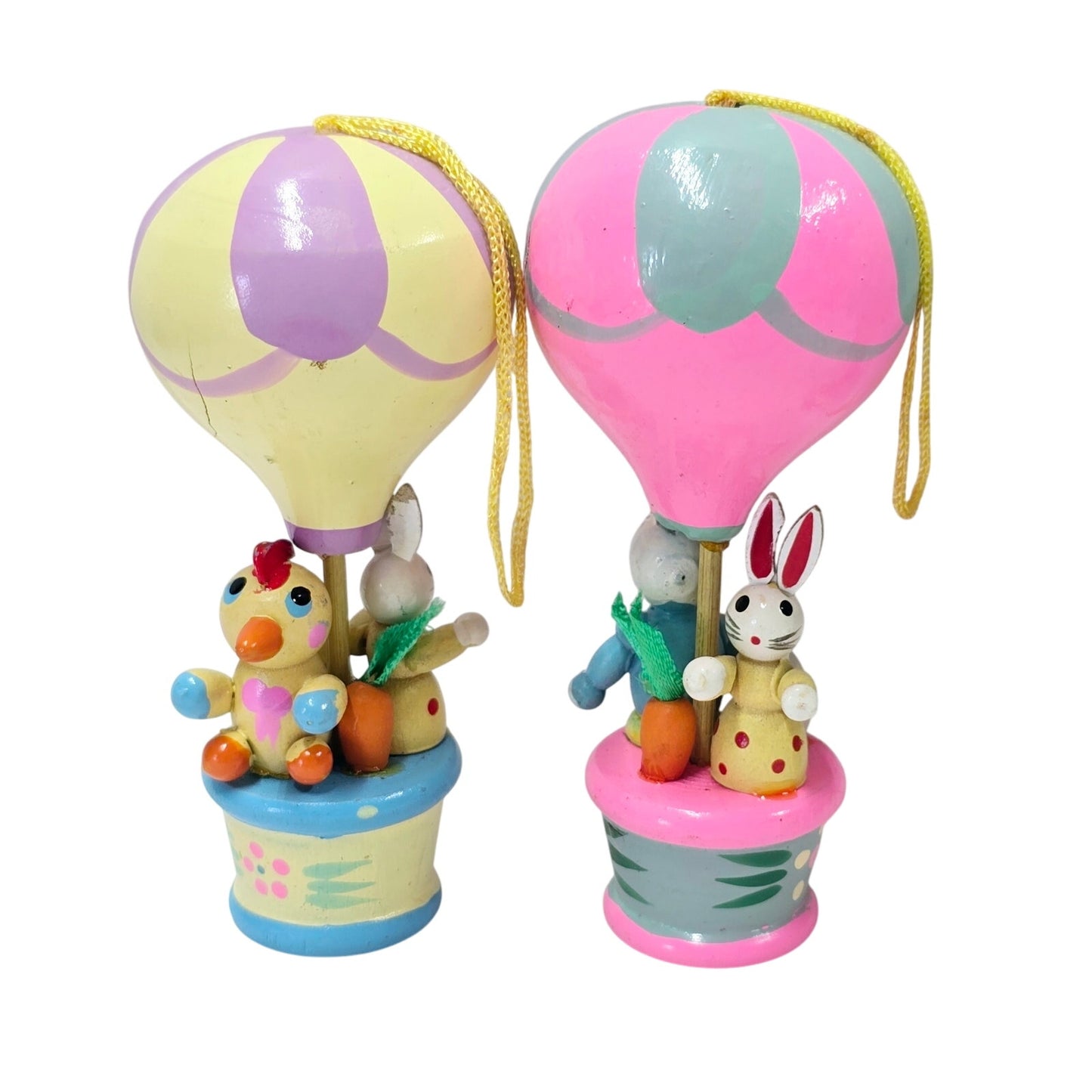 Set of 6 Adorable Vintage Wooden Hot Air Balloon Easter Ornaments with Bunnies and Chicks, Handpained