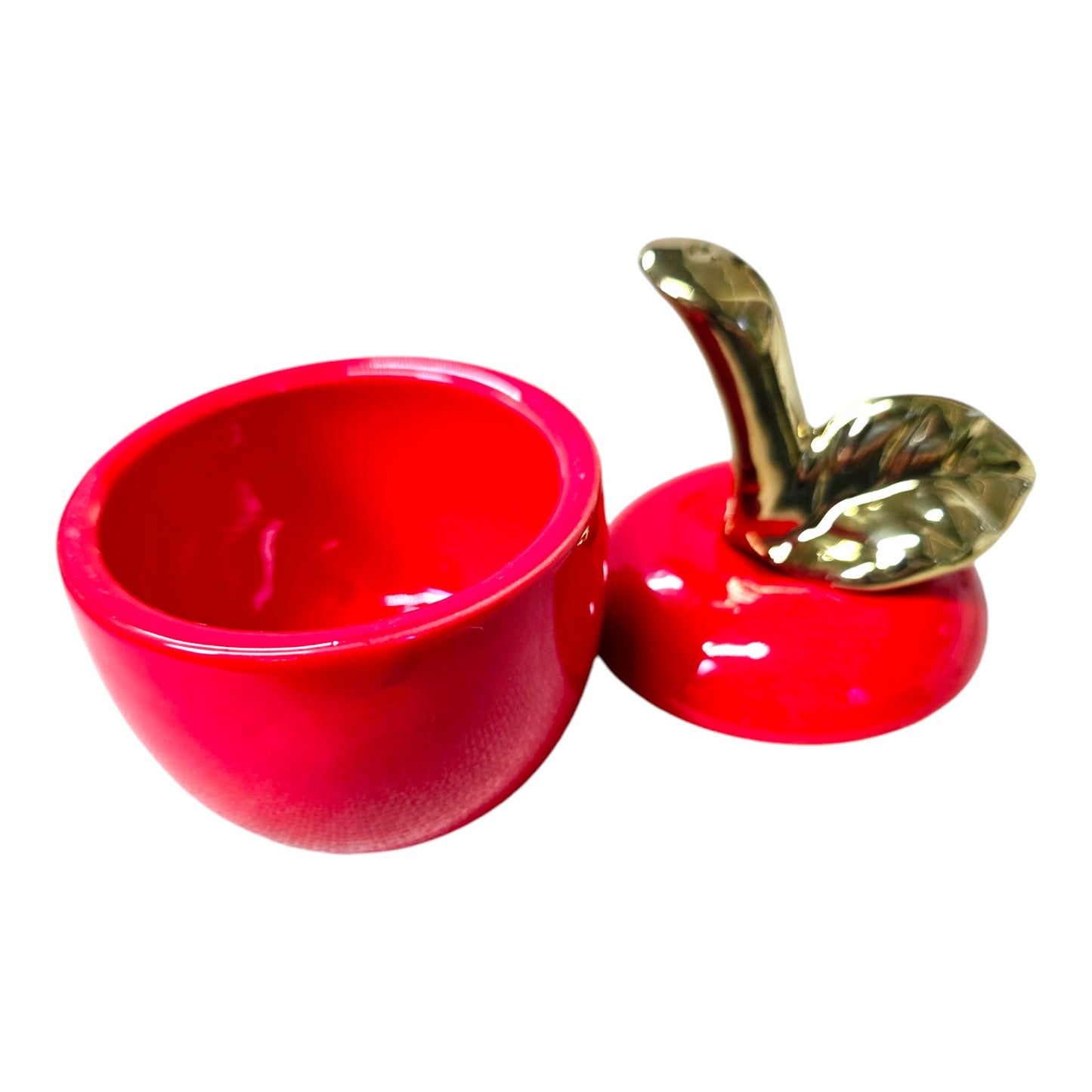Vintage Red Apple Lidded Ceramic Trinket Box Gold Stem Leaf Glossy Farmhouse