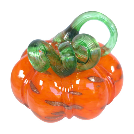 Hand Blown Orange Art Glass Pumpkin Green Curled Vine Stem Metallic Accents