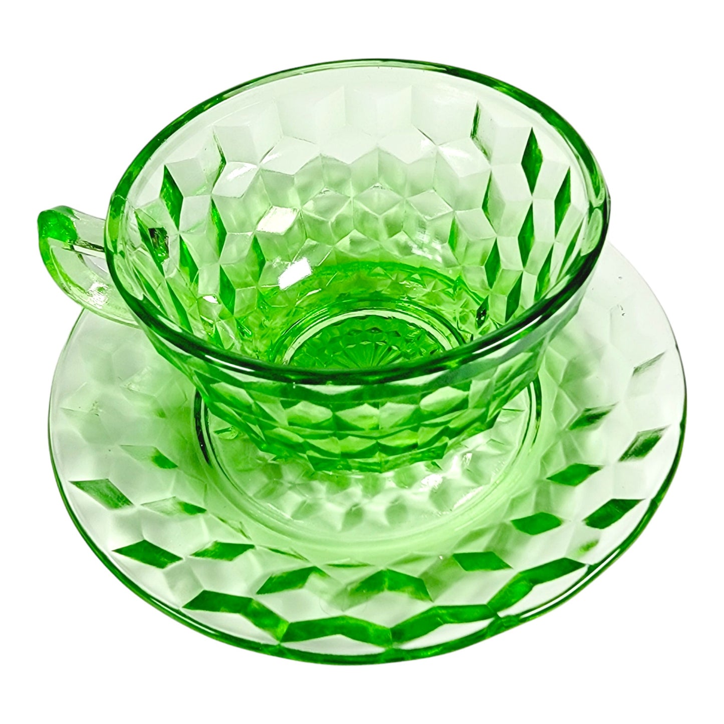 Green Cubist Glass Teacup and Saucer, Jeannette Windsor Vaseline Glass Cup and Saucer