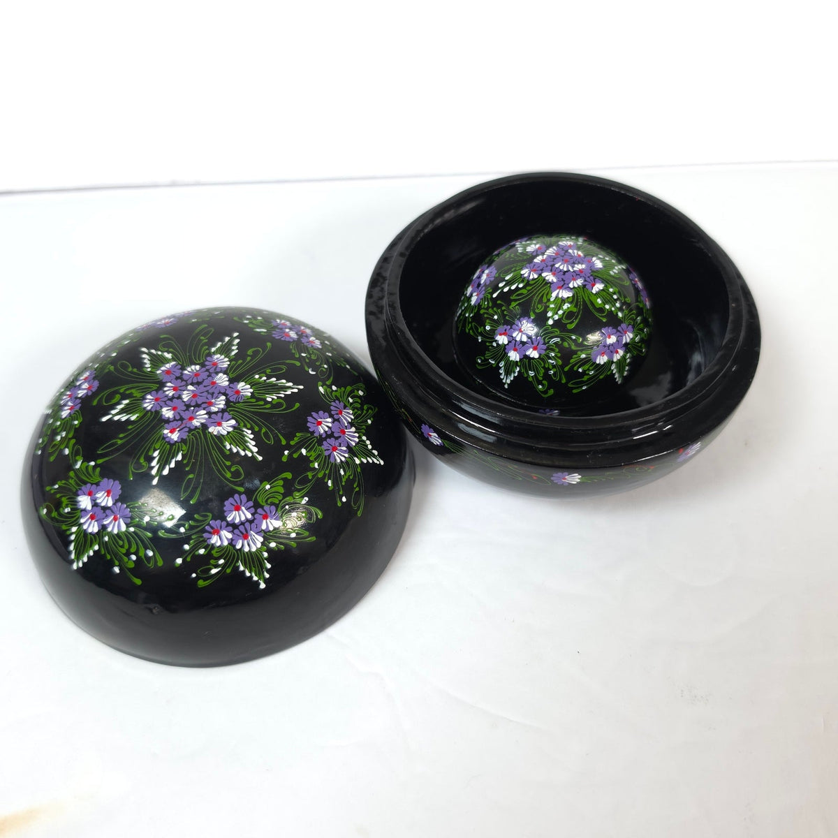 Hand Painted Black Floral Nesting Trinket Boxes Set of 2 Purple Flowers